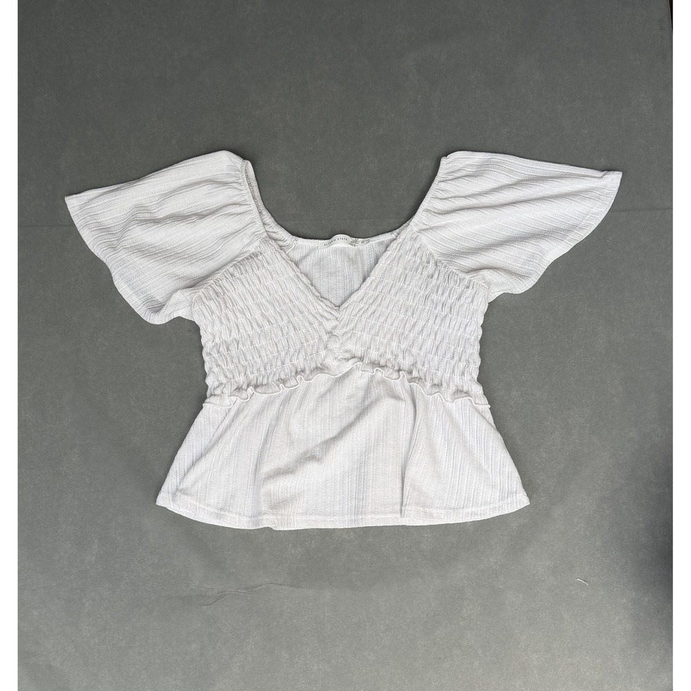 Altar'd State White Smocked Peplum Flutter Sleeve Top V-Neck Textured Medium